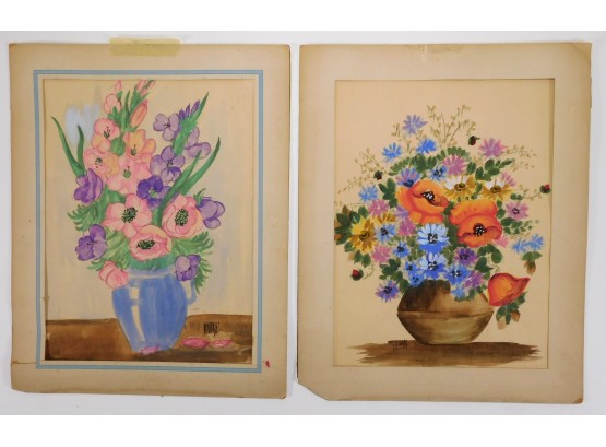 Pair Vintage Flower Still Life Watercolors By Ruth Davis & Zena Waldman