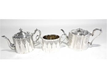 3 Antique Silverplate Serving Pieces 2 Teapots & 1 Sugar Bowl