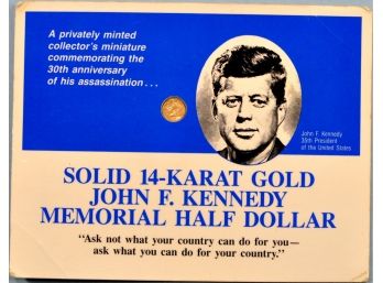 Solid 14k Yellow Gold John F. Kennedy Memorial Half Dollar