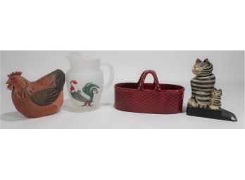 Rooster Pitcher, Ceramic Basket, Wood Rooster And Cats