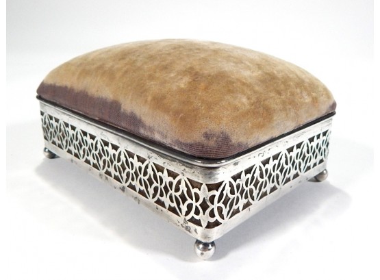 19th Century Victorian Plush Velvet Sewing Box -Footed Sterling Silver Base