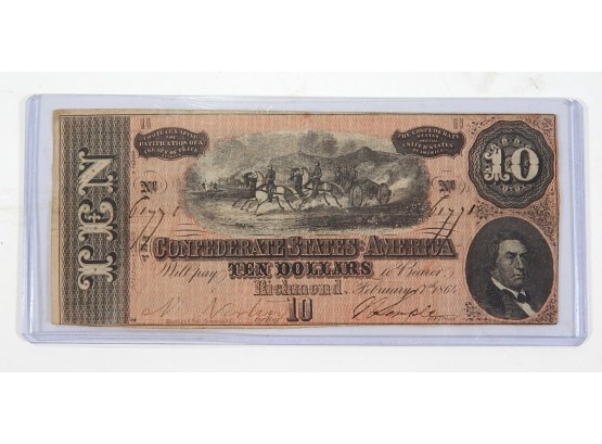 1863 Original Confederate States Of America $10 Dollars Bill