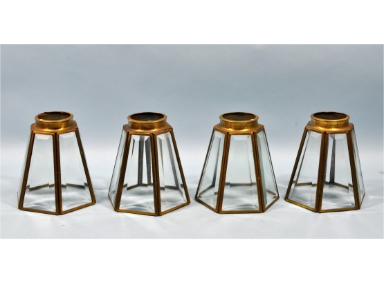 Set 4 Vintage Clear 6-sided Faceted Glass Lamp Shade Brushed Brass