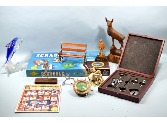 Vintage Estate Miscellaneous Items Lot- Game, Wine Set, Figures Etc.