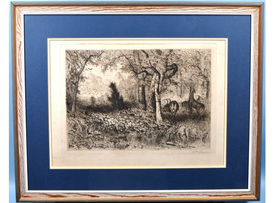 Christopher H. SHEARER (1840-1926)-Original Antique Etching  Deer In Forest -Pencil Signed