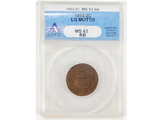 1864 Two Cent Coin -Large Motto MS-63 RB