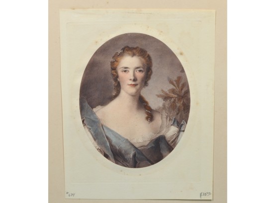 Antique Woman's Portrait Oval Colored Engraving