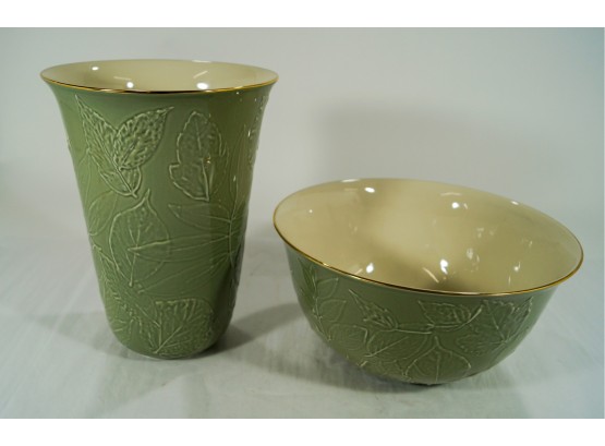 Lenox Sage Green Natures Impressions Pressed Leaves Centerpiece Bowl & Vase Set