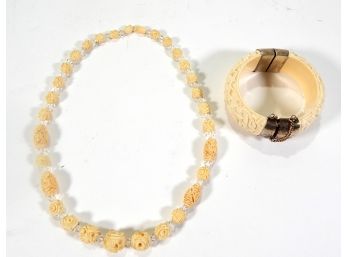 Vintage Carved Bone Necklace & Bracelet