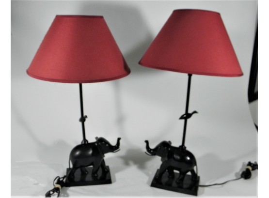 Pair Of Metal Elephant Lamps W/red Fabric Shades.
