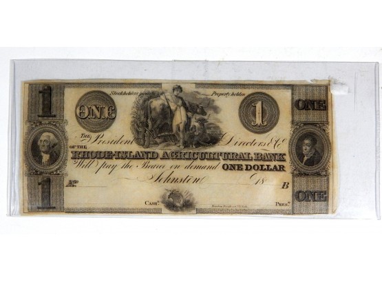 Original 1800's Rhode Island Agricultural $1 One Dollar Note