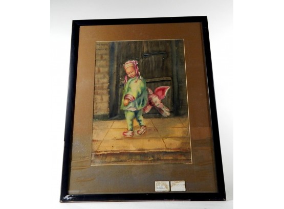 Original Antique Chinese Watercolor 'Boy With Kite'