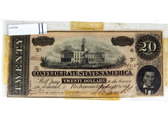 Original 1864 Confederate States Of America $20 Twenty Dollars Note Richmond, VA