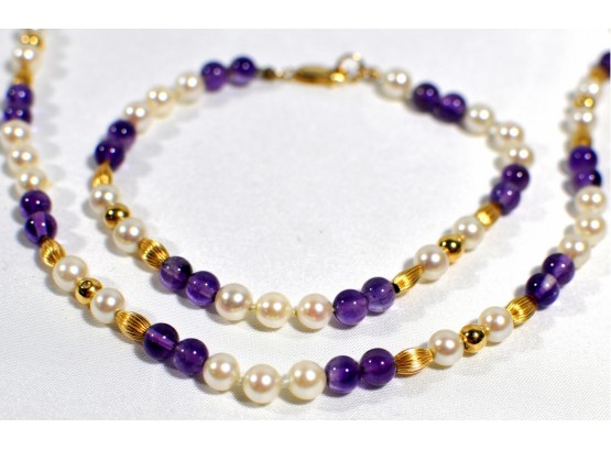 Vintage Pearl 14K Gold Necklace & Bracelet Set