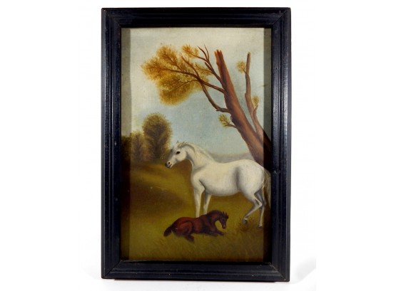 Vintage Primitive Oil Painting Of Horses