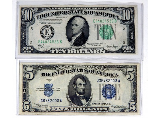 Lot Two 1934 Notes- $5 Silver Certificate And $10 Bill