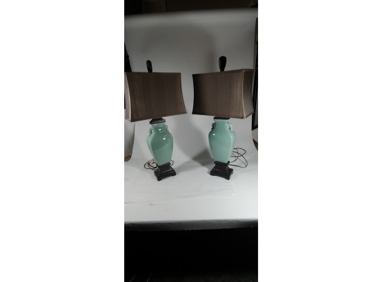 Pair Of Asian Celdon Table Lamps W/ Elephant Heads