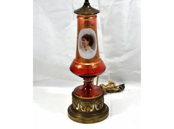Vintage Electric Lamp Moser Bohemian Cranberry Glass Woman Portrait