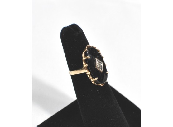 Victorian 10K Gold Onyx Ring With Diamond