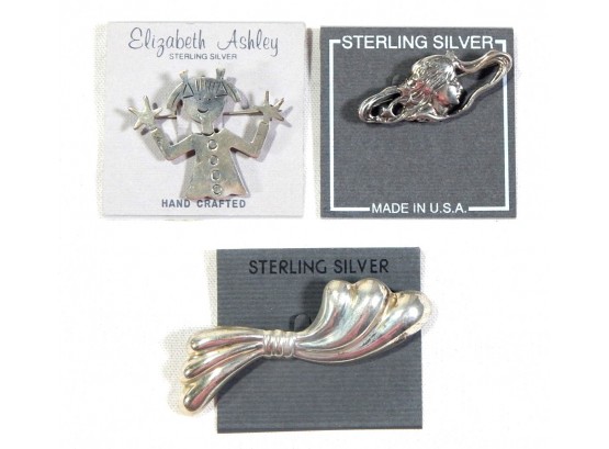 Lot 3 New Sterling Silver Pin Brooches: Girls, Ribbon
