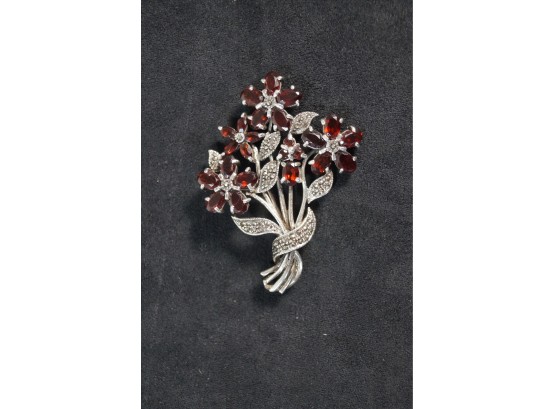 Sterling Silver Pin With Garnets And Marcasite.