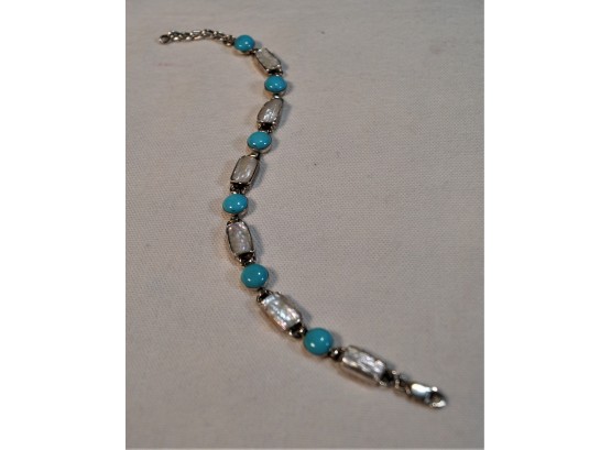 Sterling Silver Pearl And Turquoise Bracelet