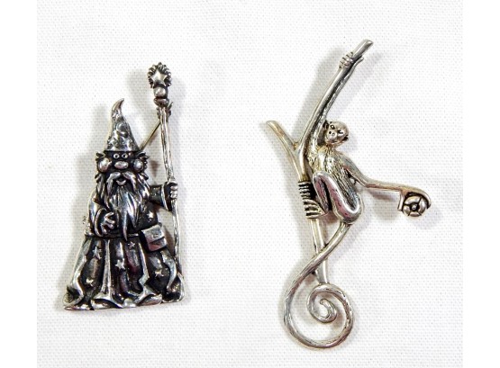 Lot 2 Vintage Sterling Silver Pin Brooches: Wizard, Monkey