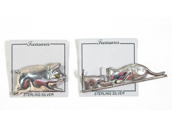 Lot 2 New Sterling Silver Animal Pin Brooches: Pig, Cat & Dog