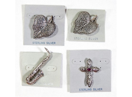 Lot 4 New Sterling Silver Pin Brooches: Saxophone, Cross, Tree Leaves