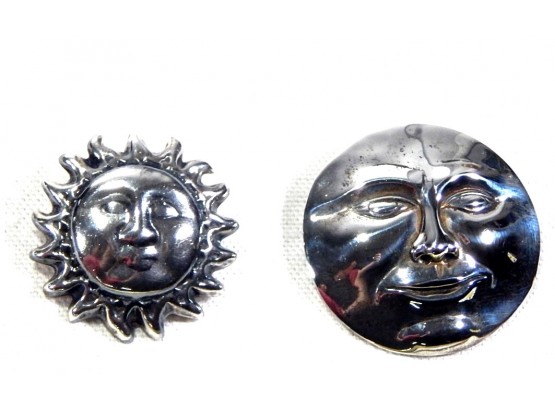 Lot 2 Vintage Sterling Silver SUNFACE Pin Brooches: Taxco Mexico, Breakell