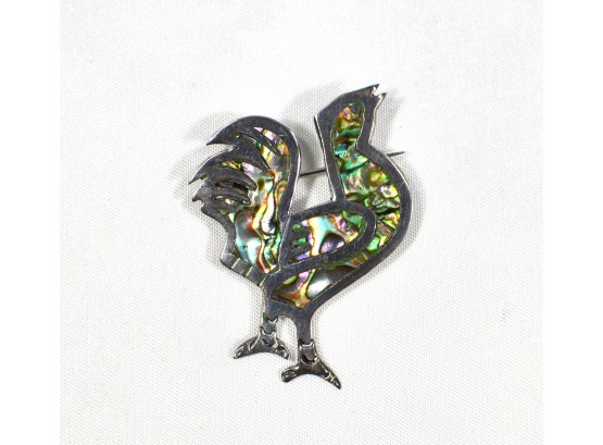 Vintage Rooster Sterling Silver & Abalone Pin Brooch - Hecho Mexico