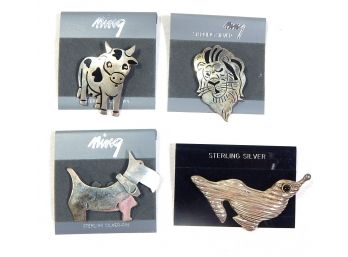Lot 4 New Sterling Silver Animal Pin Brooches: Cow, Lion, Terrier, Seal