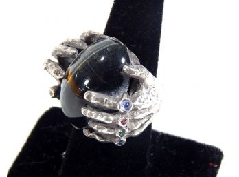 Vintage Large Sterling Silver Ring -Mystical Hand Holding Stone
