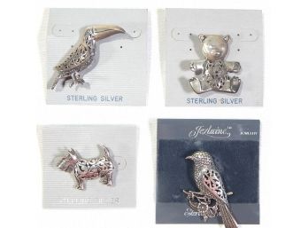 Lot 4 New Sterling Silver Animal Pin Brooches: Birds, Teddy Bear, Terrier