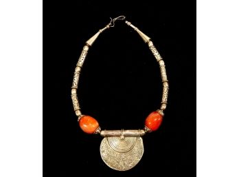 Vintage Middle Eastern Sterling Silver & Carnelian Necklace