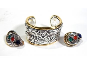 Beautiful Large Sterling Silver Cuff Bracelet & Earrings Set- New