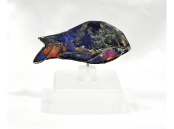Modernist Uri Ramot Sterling & Ancient Roman Glass Fish Brooch With Stand