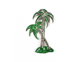 Palm Tree Enameled Sterling Silver Pin Brooch With Marcasite