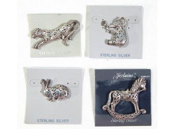 Lot 4 New Sterling Silver Animal Pin Brooches: Elephant, Tiger, Horse, Rabbit