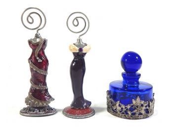 Vintage Blue Glass Perfume Bottle & Pair Figural Enameled Card Holders