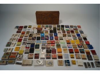 Lot Of Matchbooks With A Gold Color Tin And Wooden Carved Box