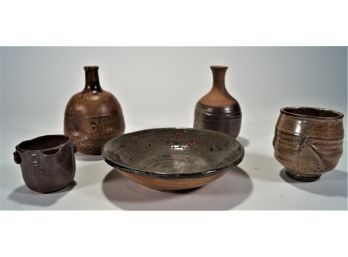 Group Of 5 Asian Art Pottery Vessels