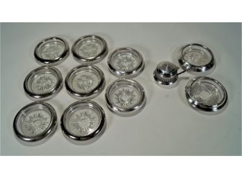 8 Silverplate & 2 Sterling Rimmed Glass Coasters Plus A Sterling Salt Dish