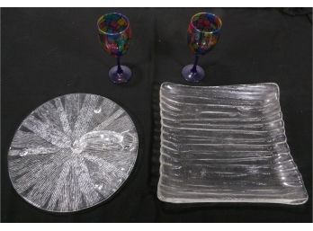 Glass Serving Plates And 2 Hand Painted Wine Glasses