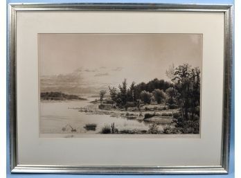 Original Etching John H. MILLSPAUGH (1822-1894) River Scene- Pencil Signed