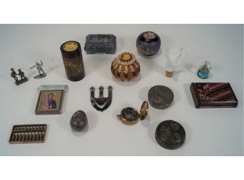 Lot Of Trinket Boxes, Candleholders, Abacus