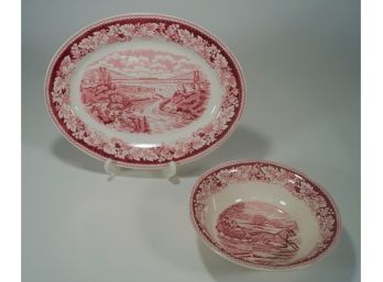 Vintage Homer Laughlin Red Transferware Currier & Ives Winter Road Platter And Bowl