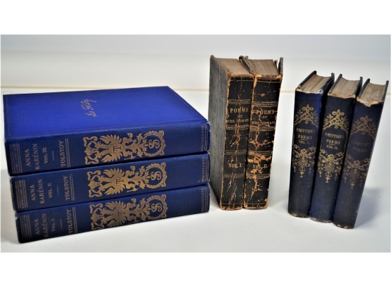 8 Antique Books - Tolstoy, Whittier, Hemans & Aldrich