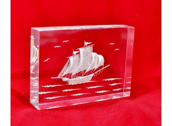 Vintage Plexiglass Art Sail Ship Carving Desktop Picture