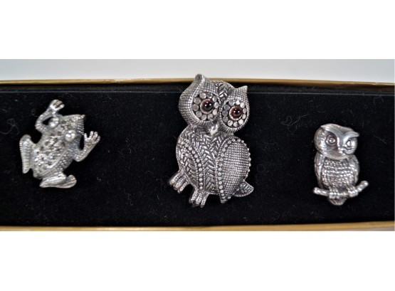 Lot Of 3 Sterling Pins - 2 Owls & Frog